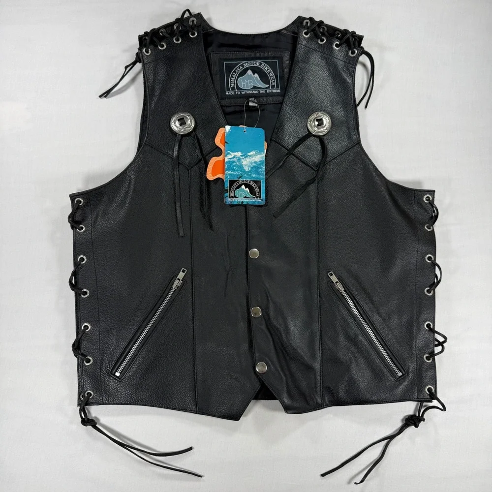 Himalaya Motor Bikewear Mens Black Leather USA Biker Vest Concho Side Lace S